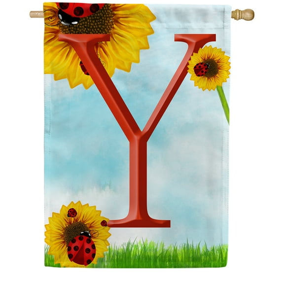 America Forever Summer Sunflower Ladybugs Monogram House Flag Letter Y 28 x 40 inches Yellow Floral Spring Double Sided Vertical Outdoor Yard Lawn Decorative Yellow Hello Sunshine House Flag