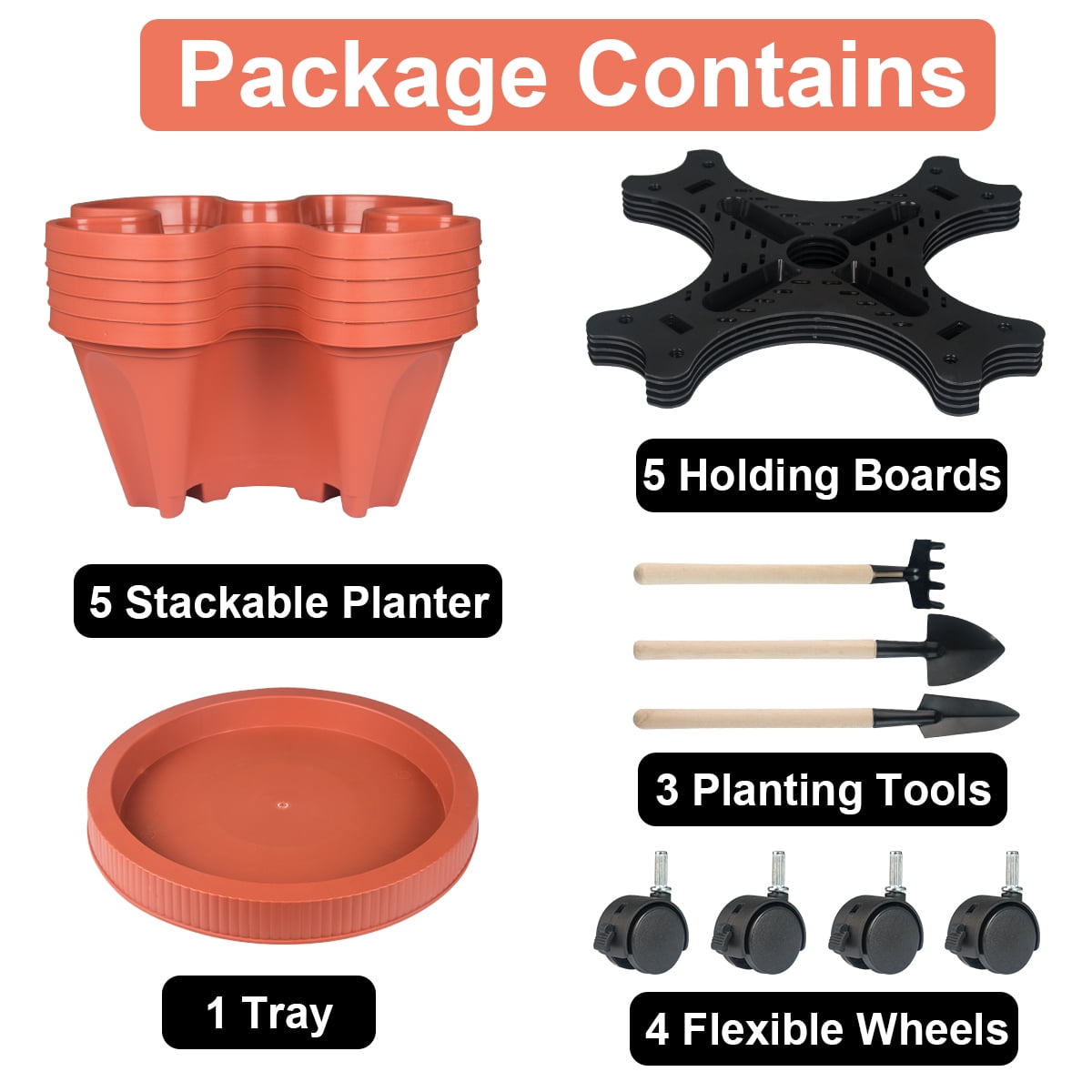 5-Tier Red PVC Stackable Plant Planter with Wheels for Strawberry, Herb, Flower, Vegetable Planter Indoor Outdoor(2 Count)