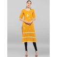 thumbnail image 3 of Janasya Indian Mustard Poly Crepe Foil Print Straight Half Sleeve Round Neck Calf Length Kurta for Women, 3 of 8