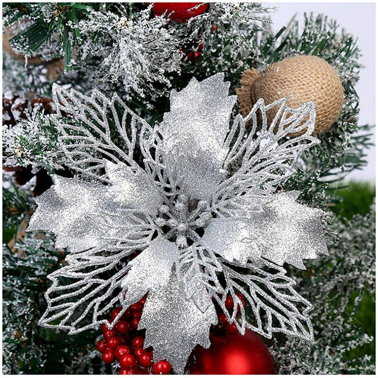 Floweroyal 24pcs Poinsettia Artificial Christmas Flowers Decorations with  Clips and Stems 5.5/14CM Glitter Ornaments for Christmas Tree Wreath