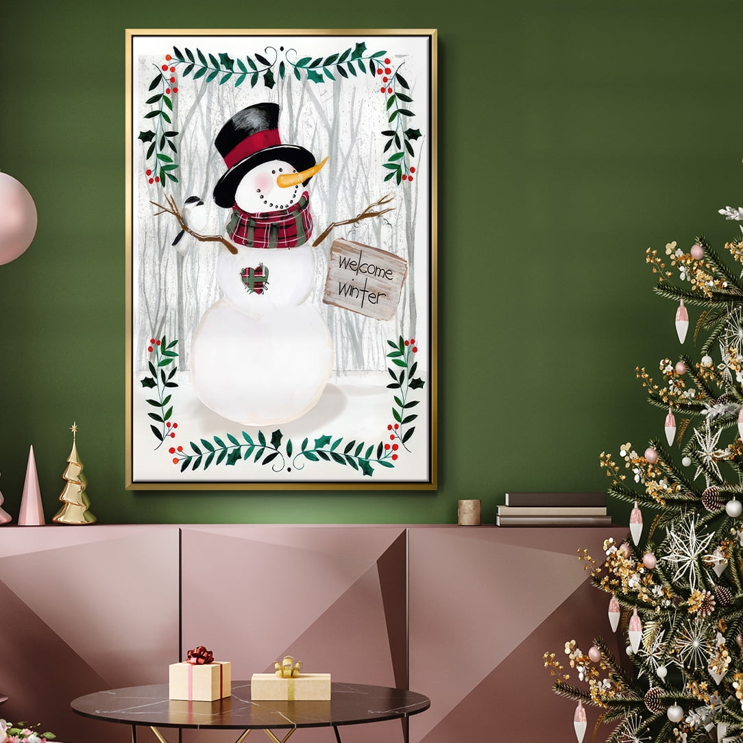 Folk Snowman Forest I - Framed Gallery Wrapped Holiday Canvas - 17 x 25 - Gold Frame