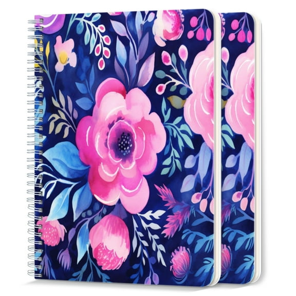 Spiral Notebook,College Ruled Journal,8.26" x 5.71" 50 Sheets/100 Pages,2 Pack - Vibrant Watercolor Illustration of Decorative Pink And Blue Flowers