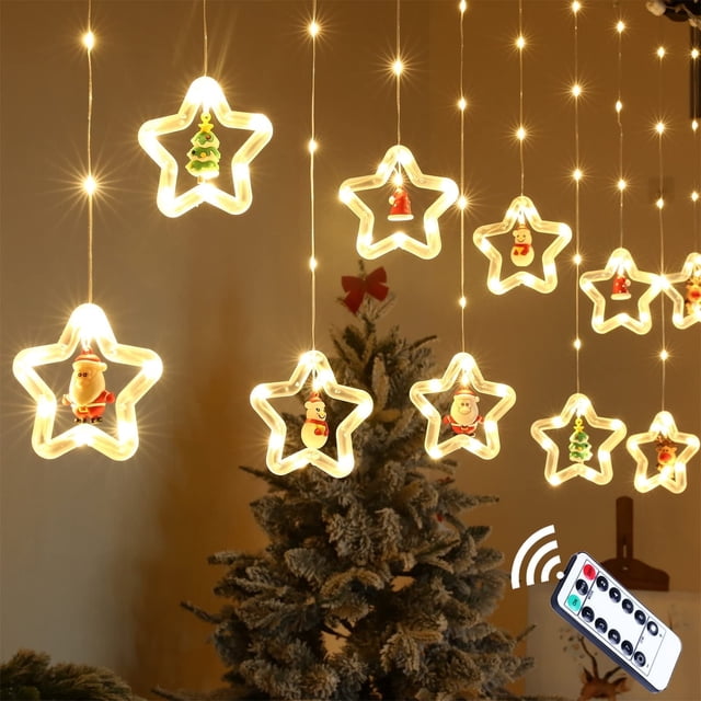 WILLED Christmas Star Window Lights Indoor, Cute Christmas Window Curtain Lights Decor with Remote, 10 Ft LED Christmas Decorations Curtain String Lights for Bedroom