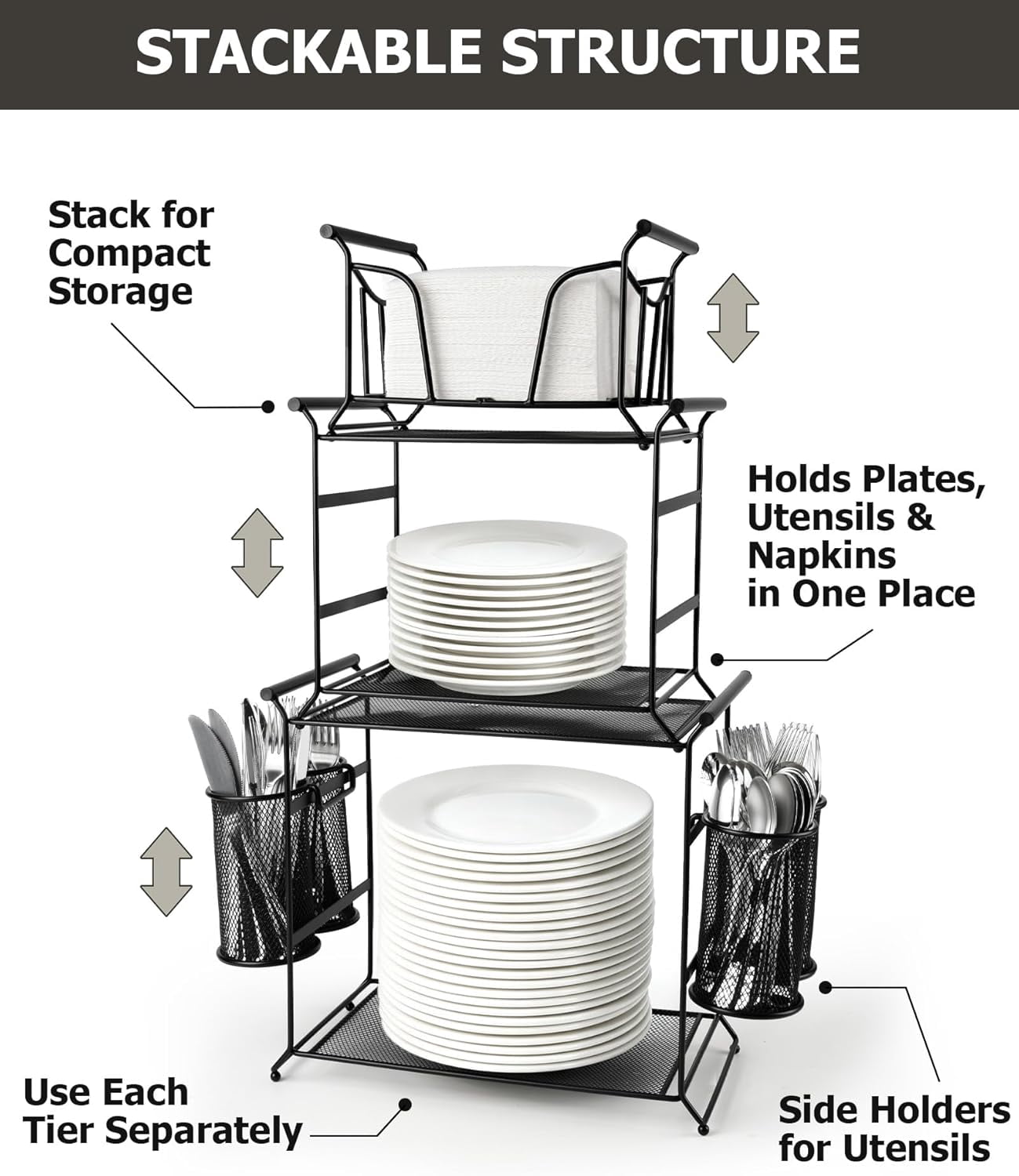 3-Tier Plate Organizer, 7-Piece Set Stackable Paper Plate Organizer, Detachable Mesh Buffet Caddy and Silverware Organizer