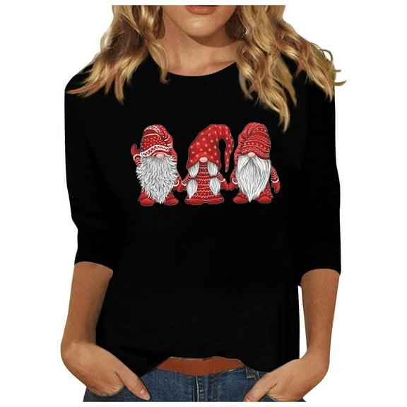 Deals Dianli Merry Christmas Tops 3/4 Sleeve Round Neck Xmas Santa Print Clearance Fall Funny Party Shirts Fashion Loose Fit Casual T-Shirts Comfortable Womens Sweaters