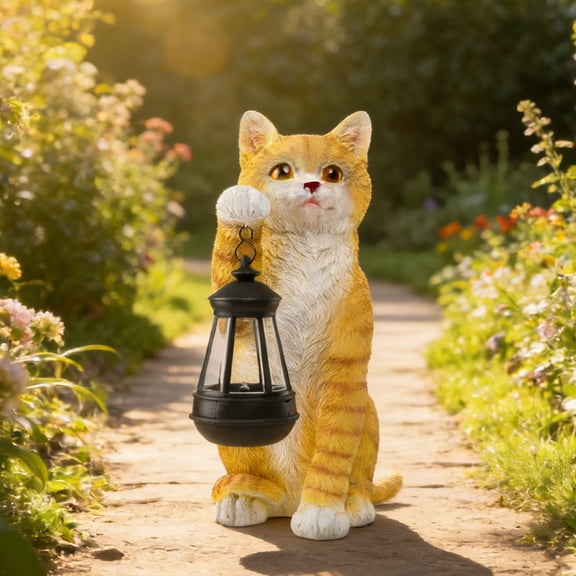 Outdoor Statue,Orange Tabby Cat Garden Statue with Solar Lantern – Lifelike Resin Decor for Patio, Lawn & Outdoor Spaces