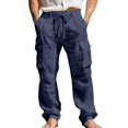 thumbnail image 2 of WULMLEO Men's Cargo Sweatpants Drawstring Joggers Relaxed Fit Stretch Linen Cotton Casual Pants with Pockets Navy 3XL, 2 of 5