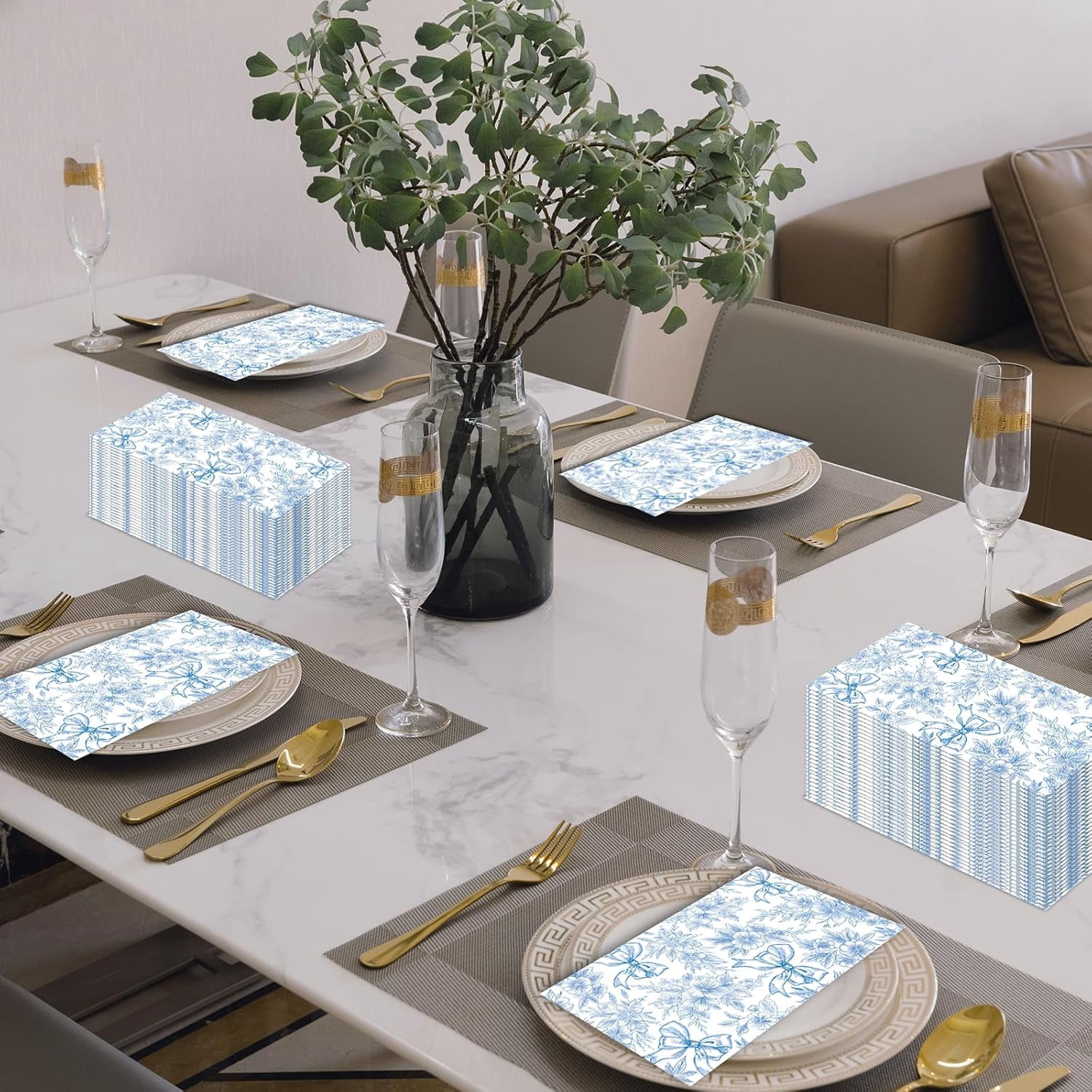 100 PCS Blue Napkins Disposable, Blue Floral Napkins, 3 Ply Printed Decorative Flower Guest Napkin, Chinoiserie Napkin, Bridal Shower Wedding Decorations, Birthday Table Party Supplies