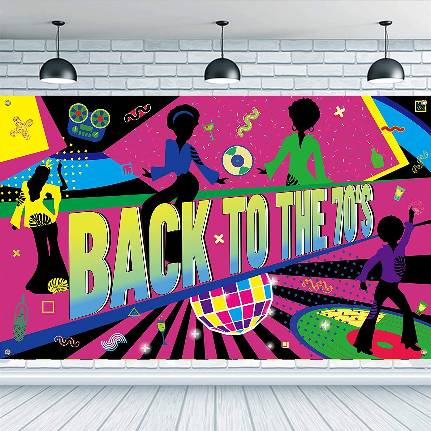 70s Theme Backdrop Back To The 70 s Party Banner With Hanging Rope 70s-theme-backdrop-back-to-the-70-s-party-banner-with-hanging-rope