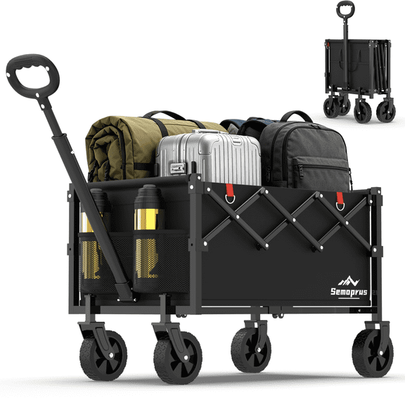 Collapsible Wagon Carts with Wheels, Flexible Lightweight Wagons Carts Foldable, Portable Folding Grocery Cart for Shopping, Camping, Fishing, Garden, Sports, Beach, Black