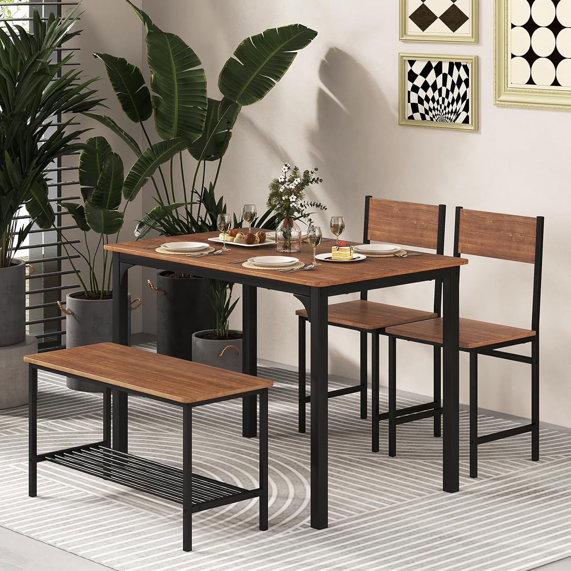 Gymax 4pcs Dining Table Set Rustic Desk 2 Chairs & Bench w/ Storage Rack Brown