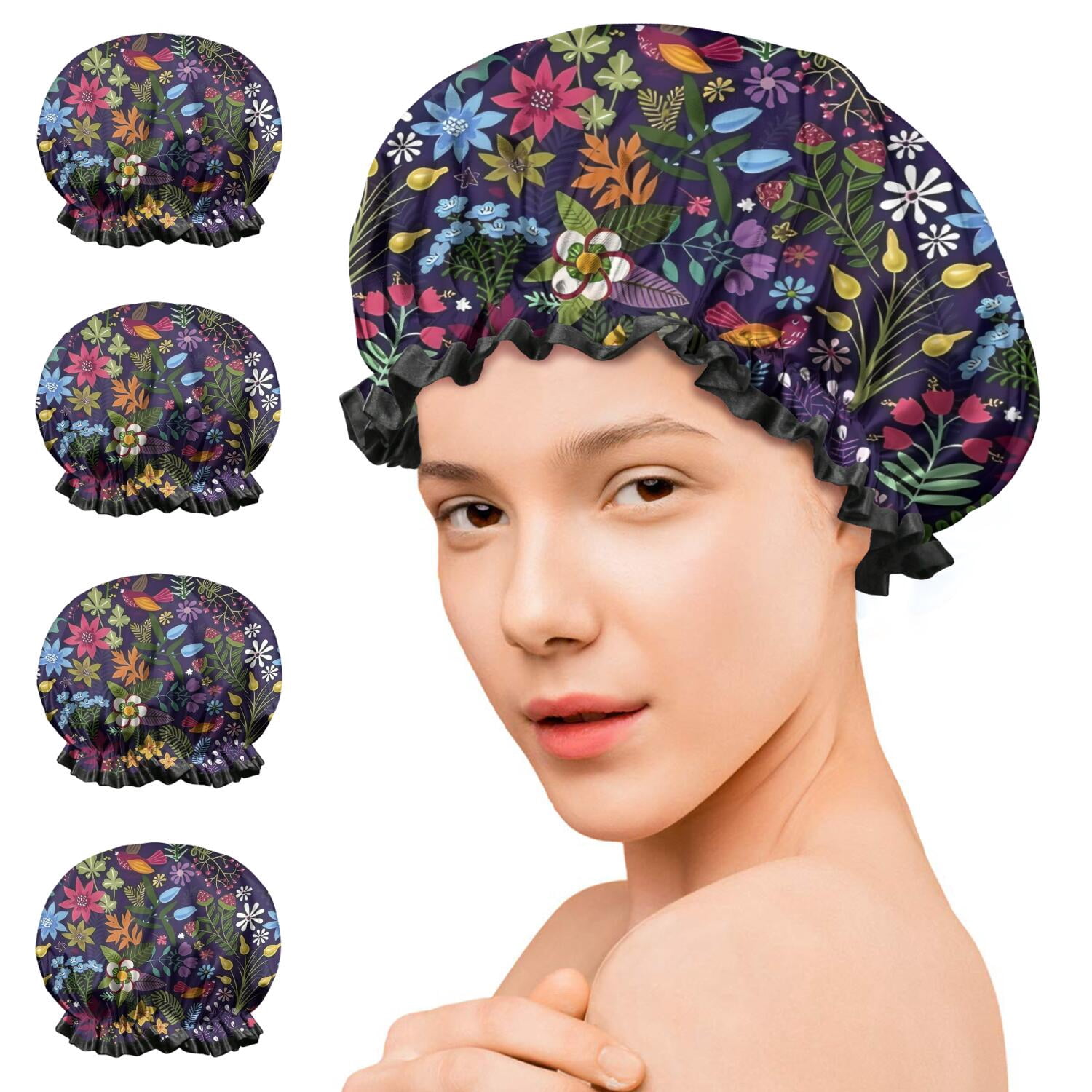 Shower Caps,Pioneer Flower Floral Print Pattern Waterproof Shower Cap for Women 4 Pieces,Double Reusable Hair Cover for Shower PEVA Elastic Stretch Hem