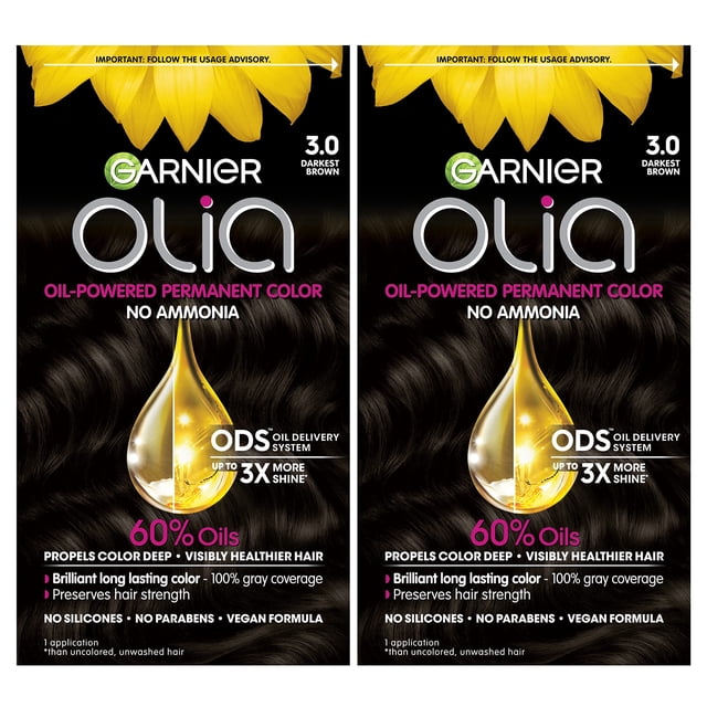 Garnier Hair Color Olia Sin amoniaco Color brillante Tinte permanente para el cabello rico en aceite 3.0 Marrón más oscuro 2 unidades (el embalaje puede variar)