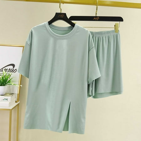 Pajamas for Women Set Women S Round Neck Solid Color Split Short Sleeved Loose T-Shirt Shorts Pajama Pajama Set Lounge Sets for Women