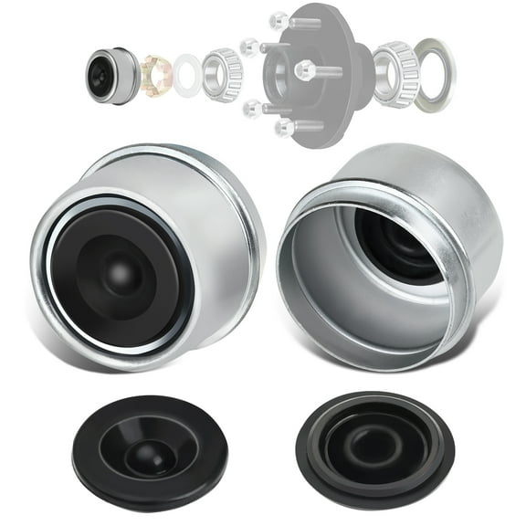 2Sets 1.98''OD Trailer Hub Bearing Metal Dust Cover with Extra 2 Grease Rubber Plugs, Bearing Center Replacement Trailer Dust Cup for most 2000-3500 pound trailer hubs，Trailer Grease Caps Ez Lube