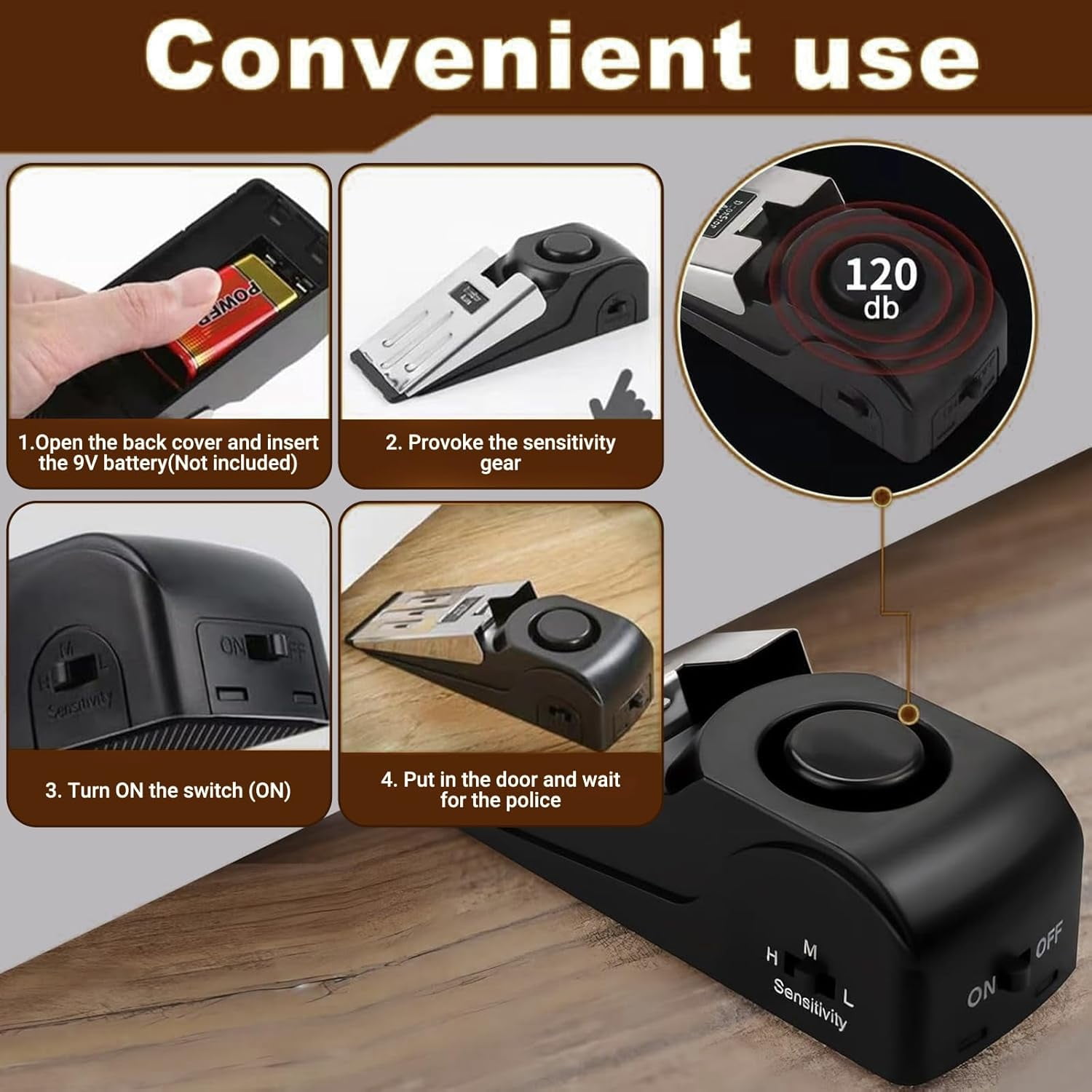 ABCISI 3 Pack Door Stop with 120DB Security Alarm, Portable Floor Wedge Doorstop, 3 Sensitivity Levels, Non-Skid Design for Travel, Home, Hotel, Send Goods from Local Warehouse