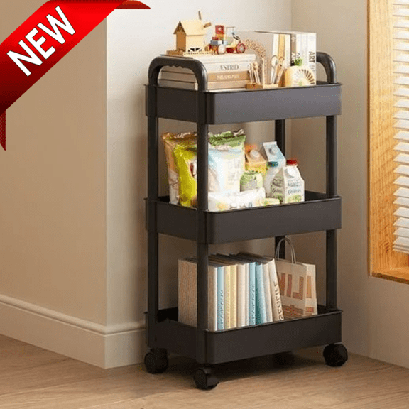 Bxaolu 3-Tier Plastic Rolling Utility Cart with Handle, Multi-Functional Storage Trolley for Office, Living Room, Kitchen, Movable Storage Organizer with Wheels, Black