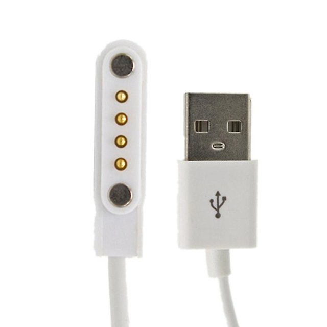 cable de carga para reloj inteligente, cargador magnético universal de 4 pines para pulsera inteligente blanco; conector USB-A a la derecha y cabeza magnética plástica blanca con cuatro pines dorados y dos imanes visibles en vista frontal, ideal para carga portátil de pulseras inteligentes.