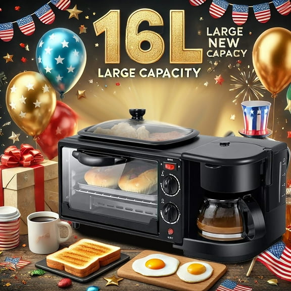 3-in-1 Breakfast Station: Portable Toaster Oven with Non-Stick Grill, Frying Pan & Coffee Maker - Compact Design for Easy Cooking & Cleaning