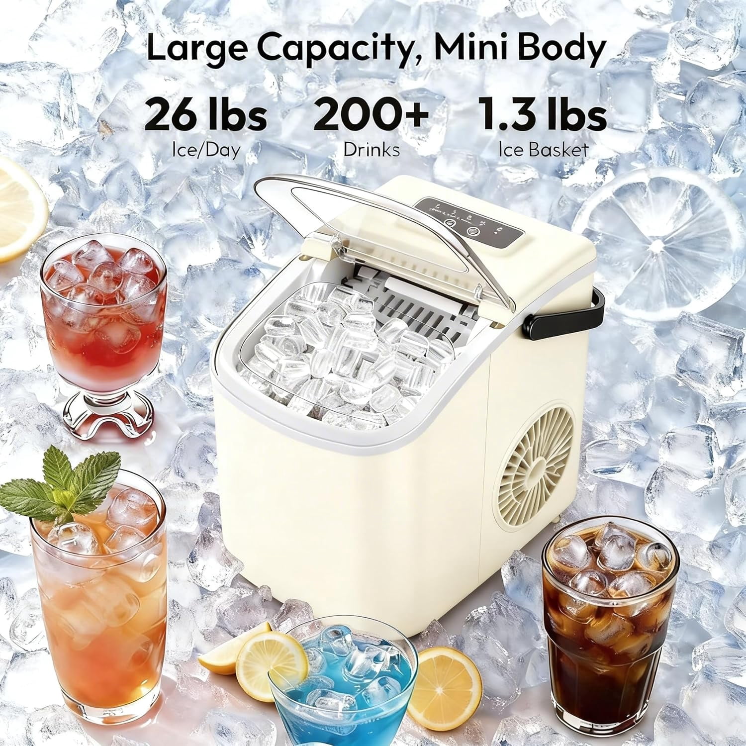 Small Portable Countertop Ice Maker, 26lbs/24H Ice Machine with Self-Cleaning, 6-8 Mins Fast Ice Making,Quiet Operation for Home Kitchen Camping RV