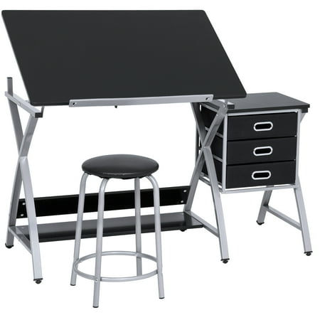 42in Drafting Table Best Choice Products Adjustable Office Drawing Board Desk Station Drafting Table Set w/ Stool Chair for Arts and Crafts, Drawing, Painting, Doodling - Silver/Black ()