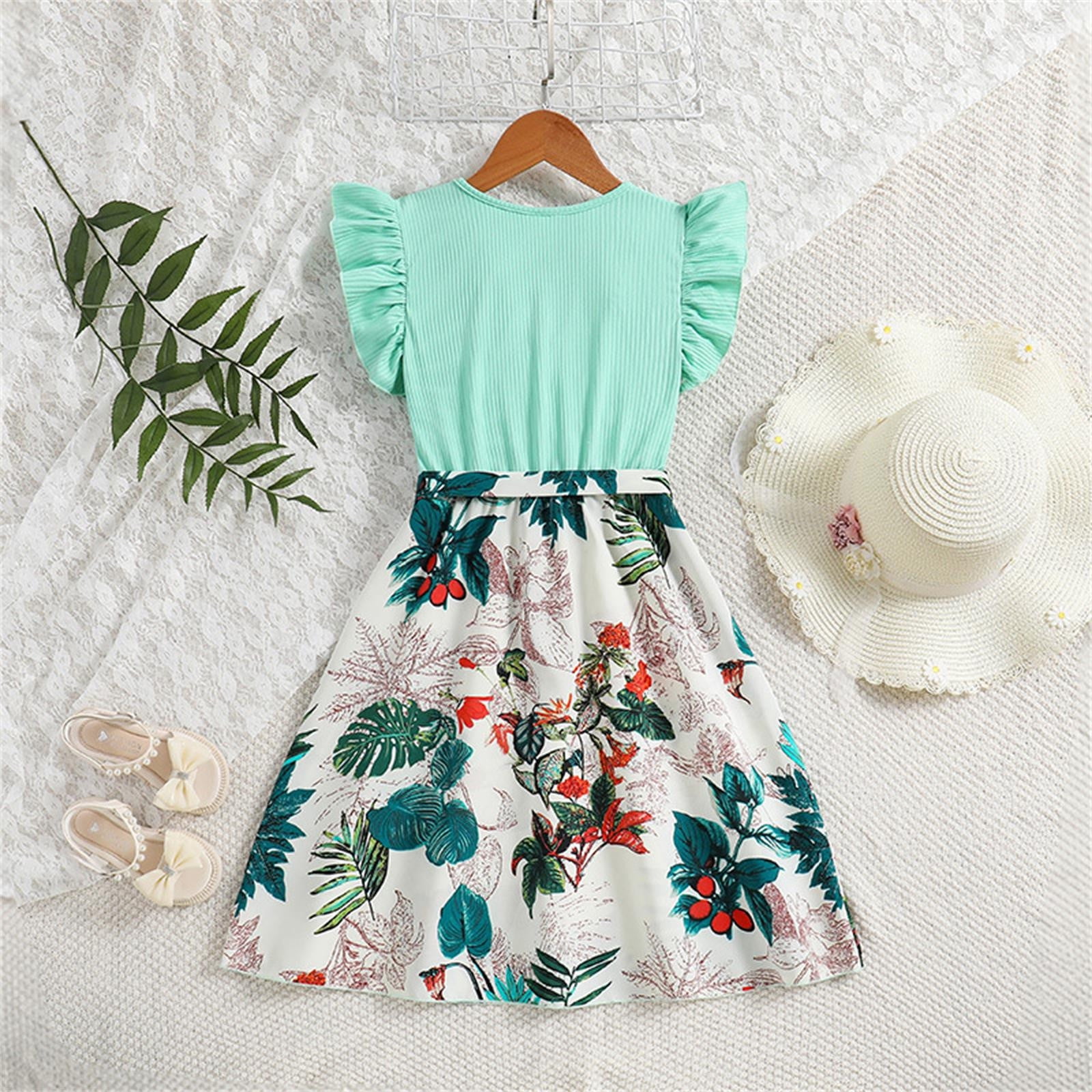 LUOGENLI Summer Dresses For Girls 12-14 Years Old Kid's Clothes 2024 Spring Summer Children's Clothing New Children's Clothing Lace Sleeve Printed Dress Dresses For Girls Size 6/7 8-9 Years