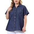 thumbnail image 2 of Women's Plus Size Shirt Short Sleeve Chest Pocket Button Down Denim Shirts Black Blue 2X, 2 of 7