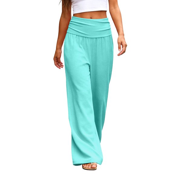 Yuhangmm Women's Pants Casual Elastic Waist Wide Leg Pants Stretchy Comfortable Trousers For Everyday Wear Versatile Outfits Women Breathable Soft Flowy Sky Blue XL