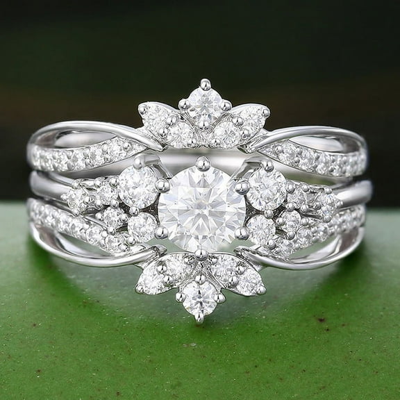 Bow Jewelry 1.77 Ct Round Cut Moissanite Anniversary Ring - Stamped 14K White Gold Plated Cluster Ring - Engagement Ring with Enhancer Band - Moissanite Ring - Bridal Set - Party Wear Ring