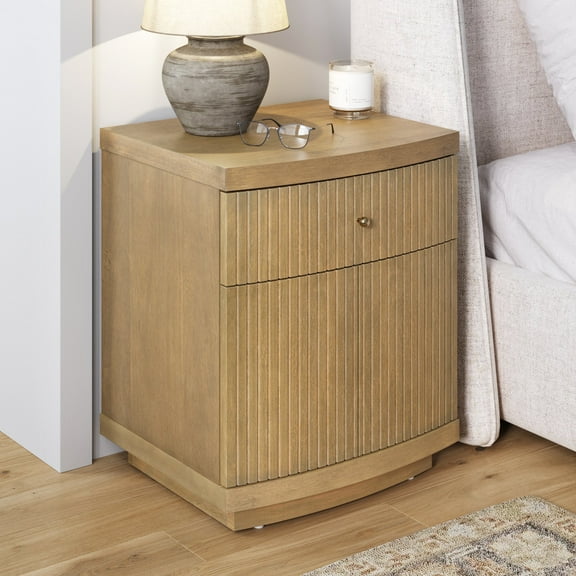 Nathan James Tambellini Mid Century Modern Nightstand, Bedside Table with Drawer and Cabinet Storage, Solid Wood Legs and Fluted Door Fronts, Light Brown