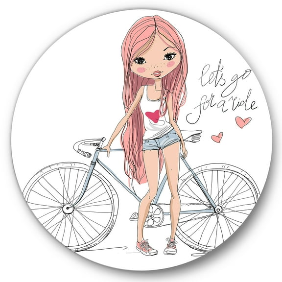 Designart 'Young Woman With Bicycle' Children's Art Circle Metal Wall Art 36x36 - Disc of 36