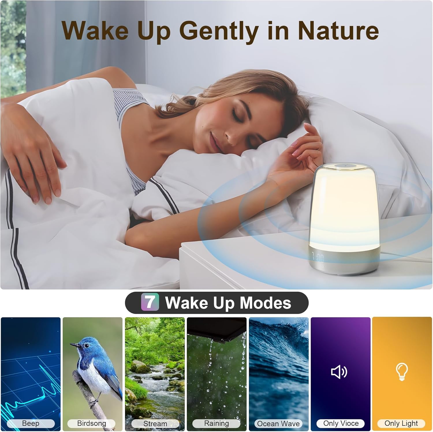 Hansang Sunrise Alarm Clock, Wake up Light Alarm Clock, 3 Ways Dimmable Modern Small Digital RGB Bedside Lamp for Heavy Sleeper