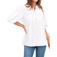 thumbnail image 2 of Women'S 2025 Summer Short Lantern Sleeve Tops Loose Fit Button Down Shirt Casual Pleated V Neck Blouses White S, 2 of 8