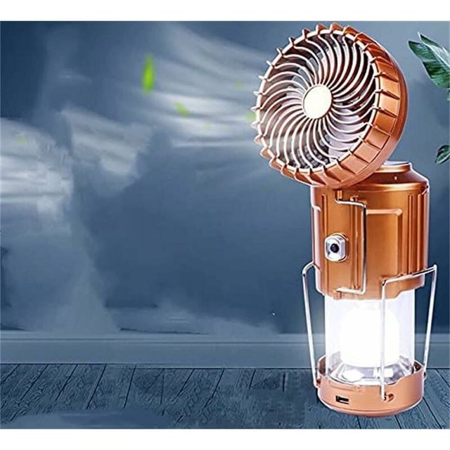 Linterna LED portátil para acampar al aire libre 6 en 1 con ventilador, lámpara de ventilador eléctrico de elevación y estiramiento solar al aire libre, diseño de función solar (dorado, S)