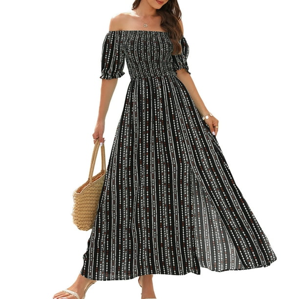Vestido De Cintura Dividida Vestido de mujer con estampado de rayas verticales Vestido elegante informal para viajes (Negro XL) Cgtredaw Para estrenar