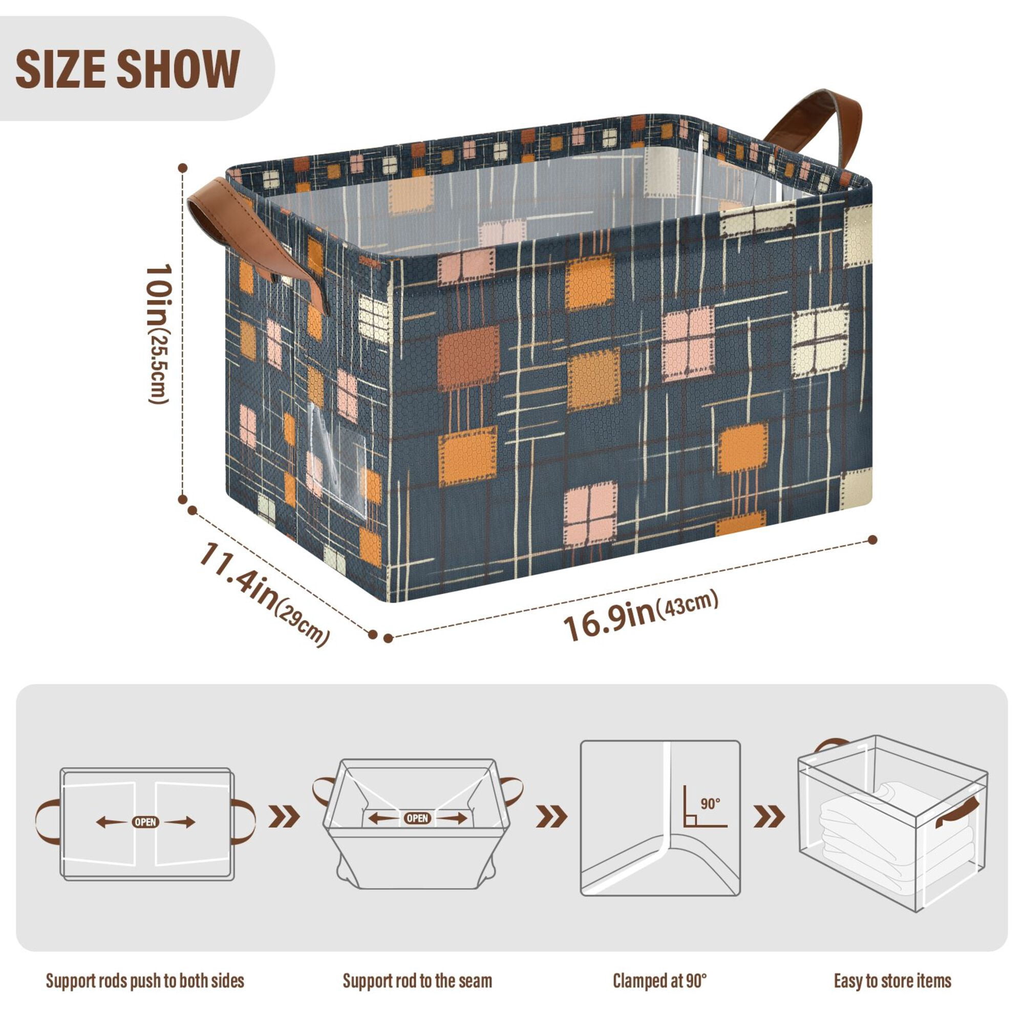 Yayeee Foldable Storage Basket for Shelves Waterproof Cloth Bins with Handles, Orange Checkered Pattern