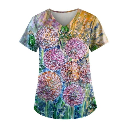 

Women Scrub Tops Printed Working Tops Casual Plus Size T Shirts Workwear Casual Tee With Pockets Female Dailywear