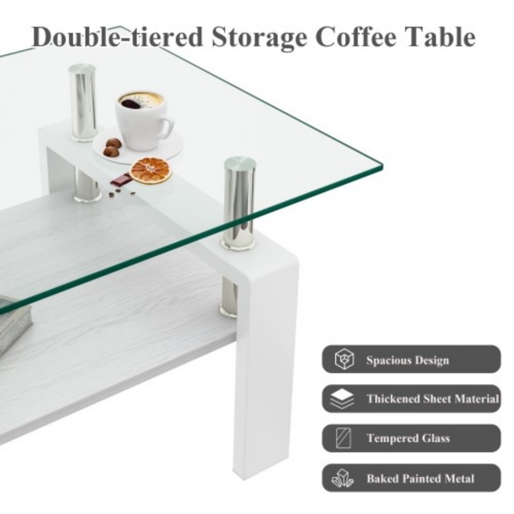 Rectangle Coffee Table, 39.2" Tempered Glass Tabletop with White MDF Storage Shelf and Iron Legs, Modern Clear Glass Center Table for Living Room, 220 lbs