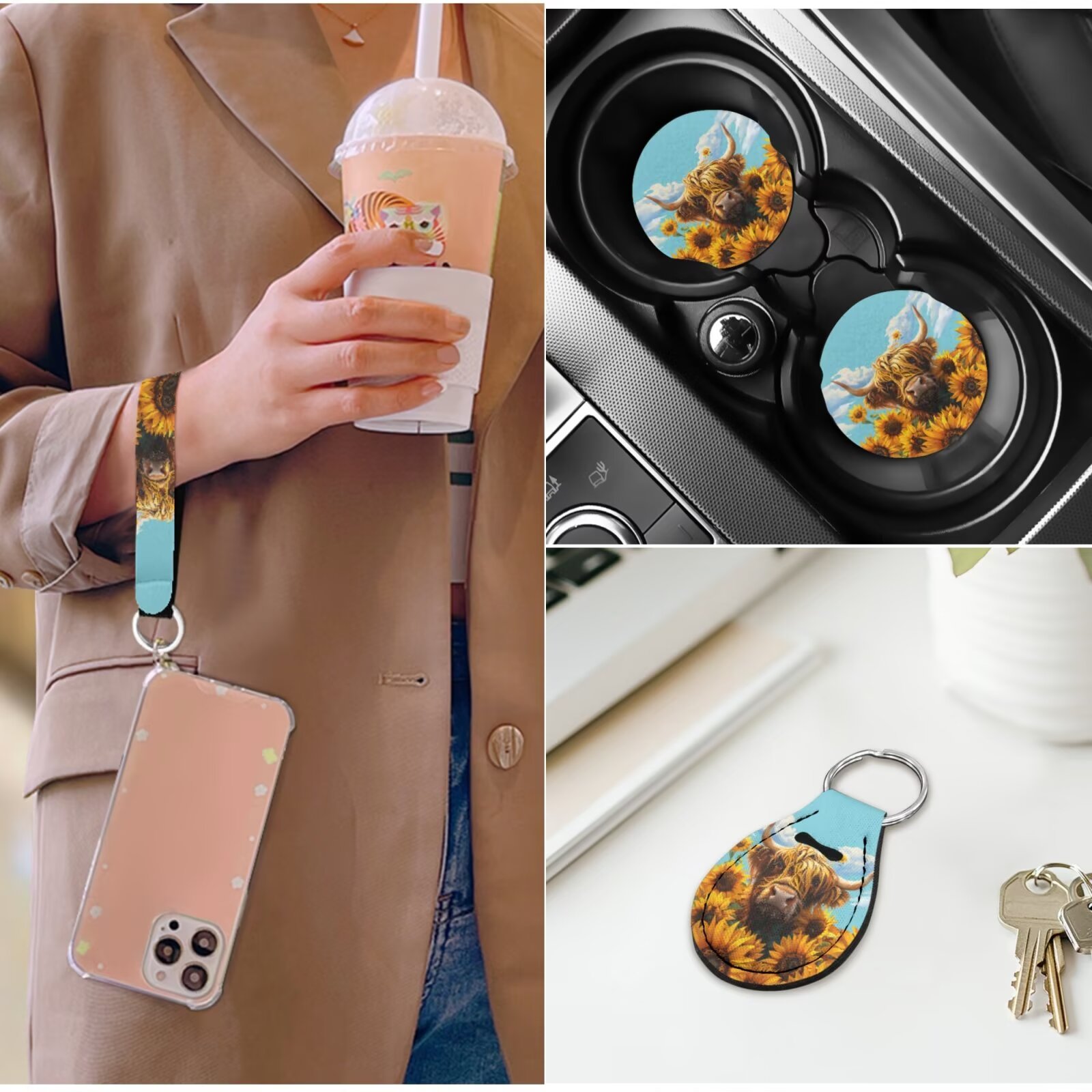 Yuyamidu 14 PCS Car Seat Covers and Steering Wheel Cover Highland Cow Seatbelt Strap Pad Sunflower Armrest Cover Pad Headrest Cover Cup Coasters Key Ring