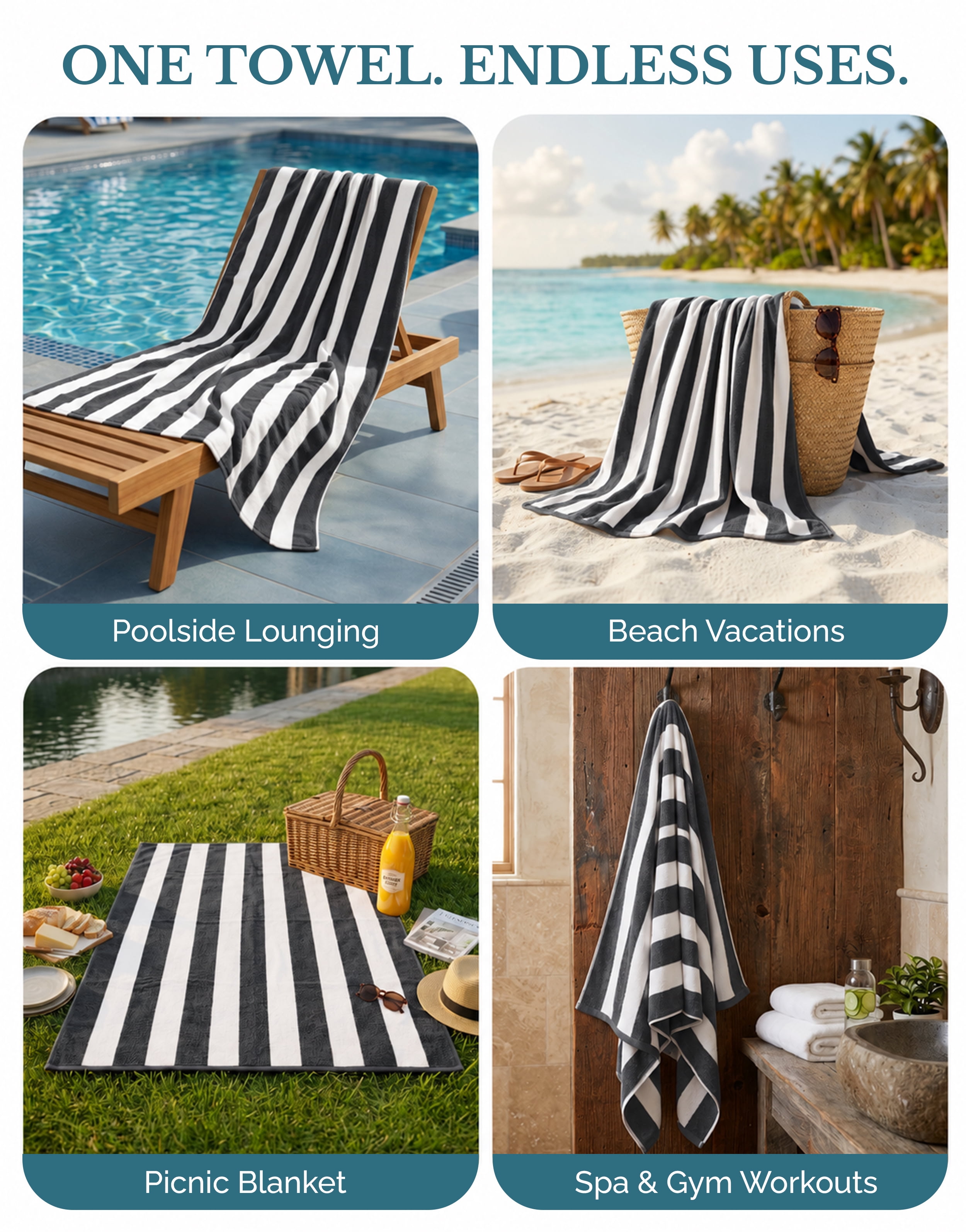 Casa Platino Beach Stripe Towels - 2 Pack 100% Cotton Pool Towels for Adults, Qick Dry, Soft & Highly Absorbent Beach towel Set for Travel & Vacation - Grey