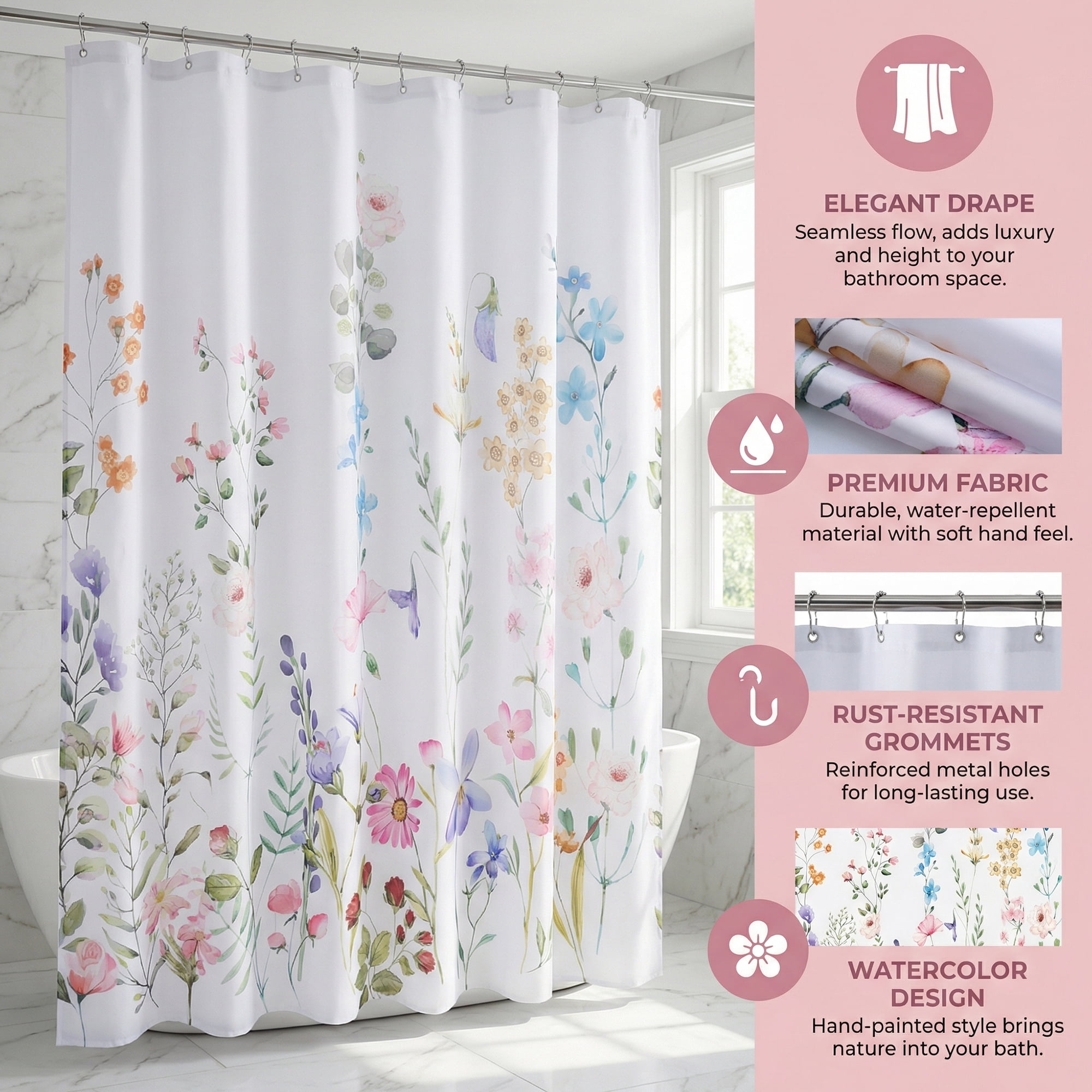 Unique Bargains Floral Print Sets, Waterproof Bath Curtain Multicolor 71"W x 71"L