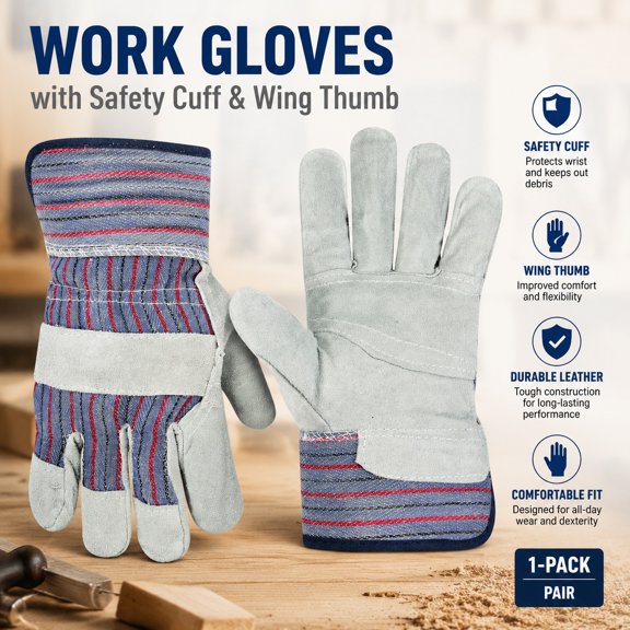 Work Gloves with Safety Cuff and Wing Thumb, Durable Leather Work Hand Protection, 1 Pair