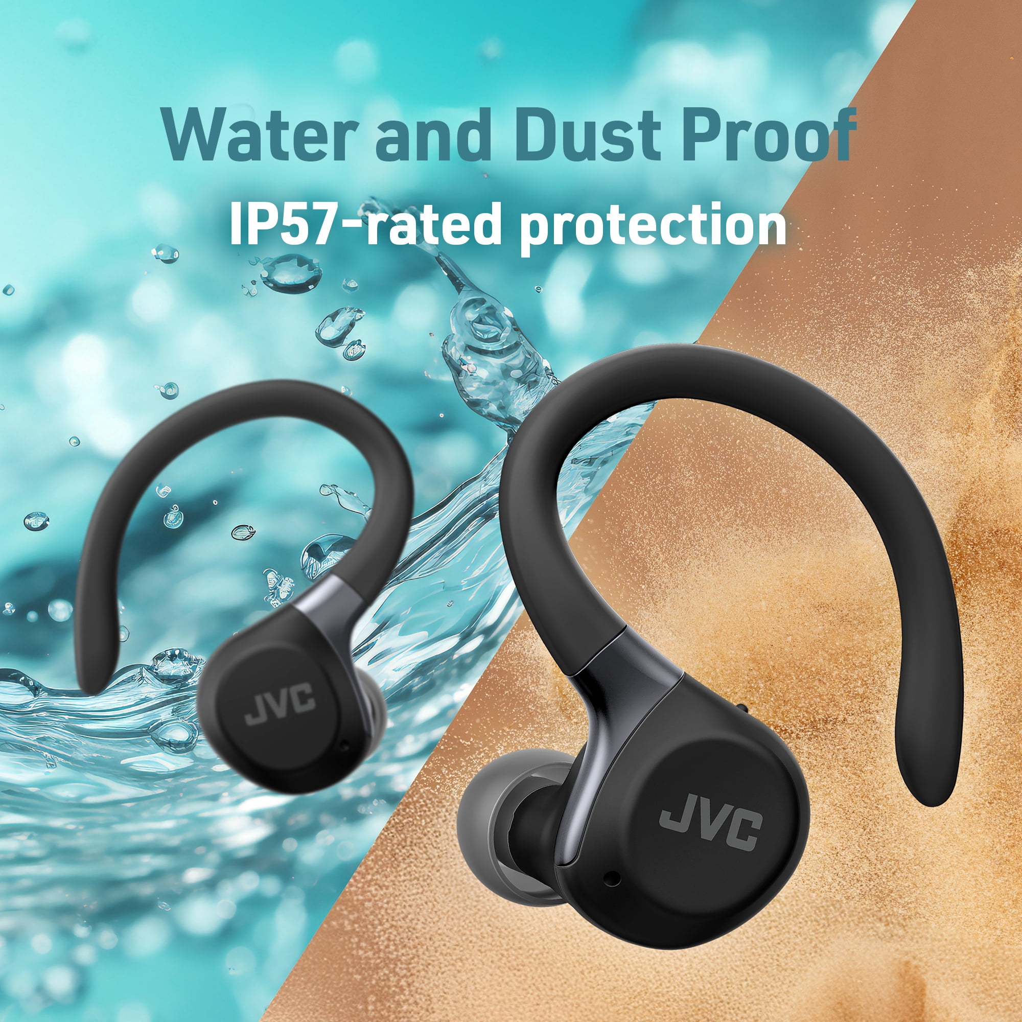 JVC Fitness Series True Wireless Sport Earbuds with Adjustable Hooks, Active Noise Cancelling, Ambient Sound Mode, IP57 Waterproof, 40hr Long Battery Life, App EQ, Low Latency, Mic