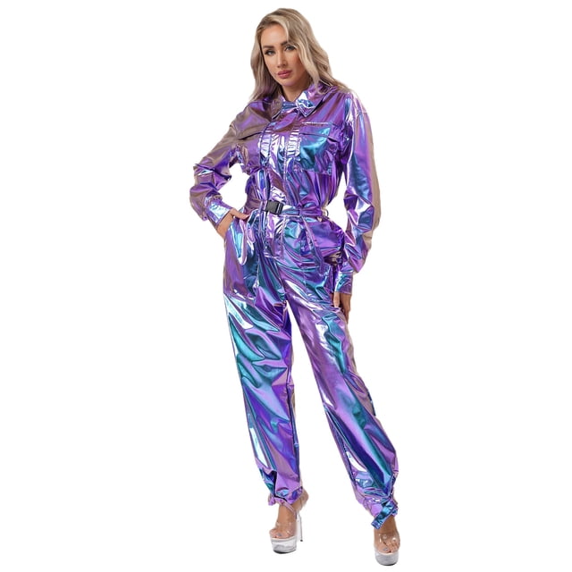 Manyakai Combinaison Métallique Brillante pour Femmes Col Rabattu Manches Longues Combinaison Bleue G