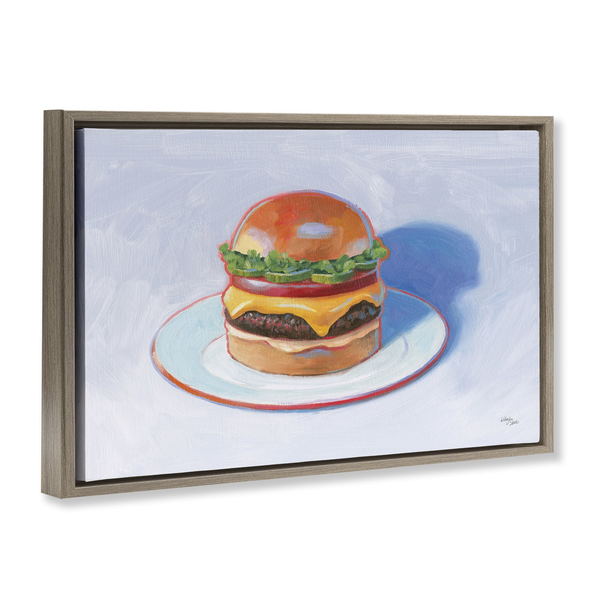 Stupell Industries Burger on Plate Food & Beverage Painting Brown Floater Framed Canvas Art Print Wall Art, 25 x 17