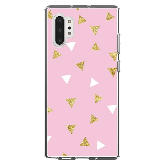 DistinctInk Clear Shockproof Hybrid Case for Galaxy Note 10 PLUS (6.8" Screen) - TPU Bumper, Acrylic Back, Tempered Glass Screen Protector - Pink & Gold Print - Triangles Pattern
