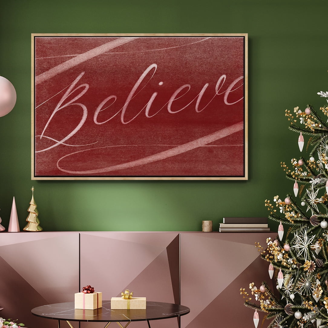 Believe - Framed Gallery Wrapped Holiday Canvas - 25 x 37 - Natural Wood Frame