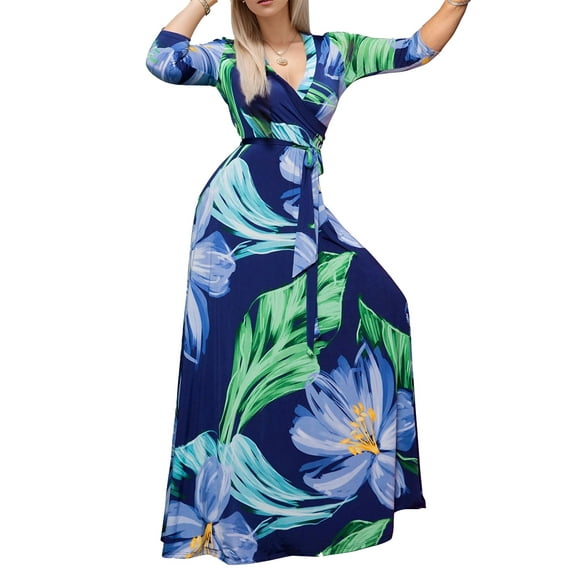SANOPY Women's Chic Abstract Print Maxi Dress Elegant Casual A-Line Summer Sundress V-Neck 3/11 Sleeve Waist Lace up
