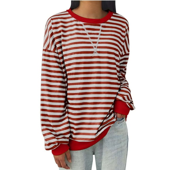 Jsaierl Oversized Sweatshirts for Women Plus Size Striped Long Sleeve Sweatshirt Crewneck Fall Lightweight Loose Fit Pullover Trendy Raglan Sleeve Cute Tops