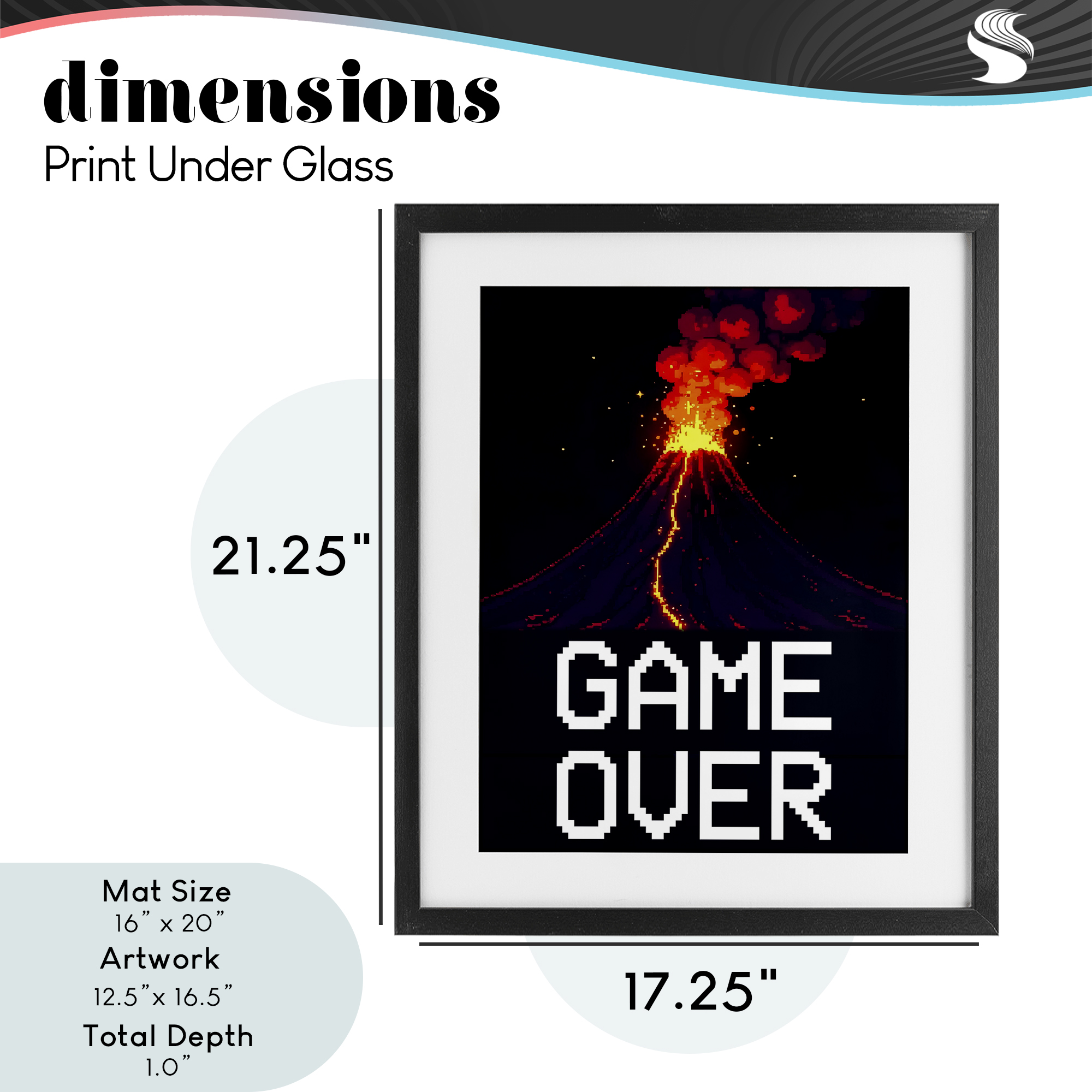 Pixel Volcano Game Over Black Framed Print Under Glass, design by Kim Allen
